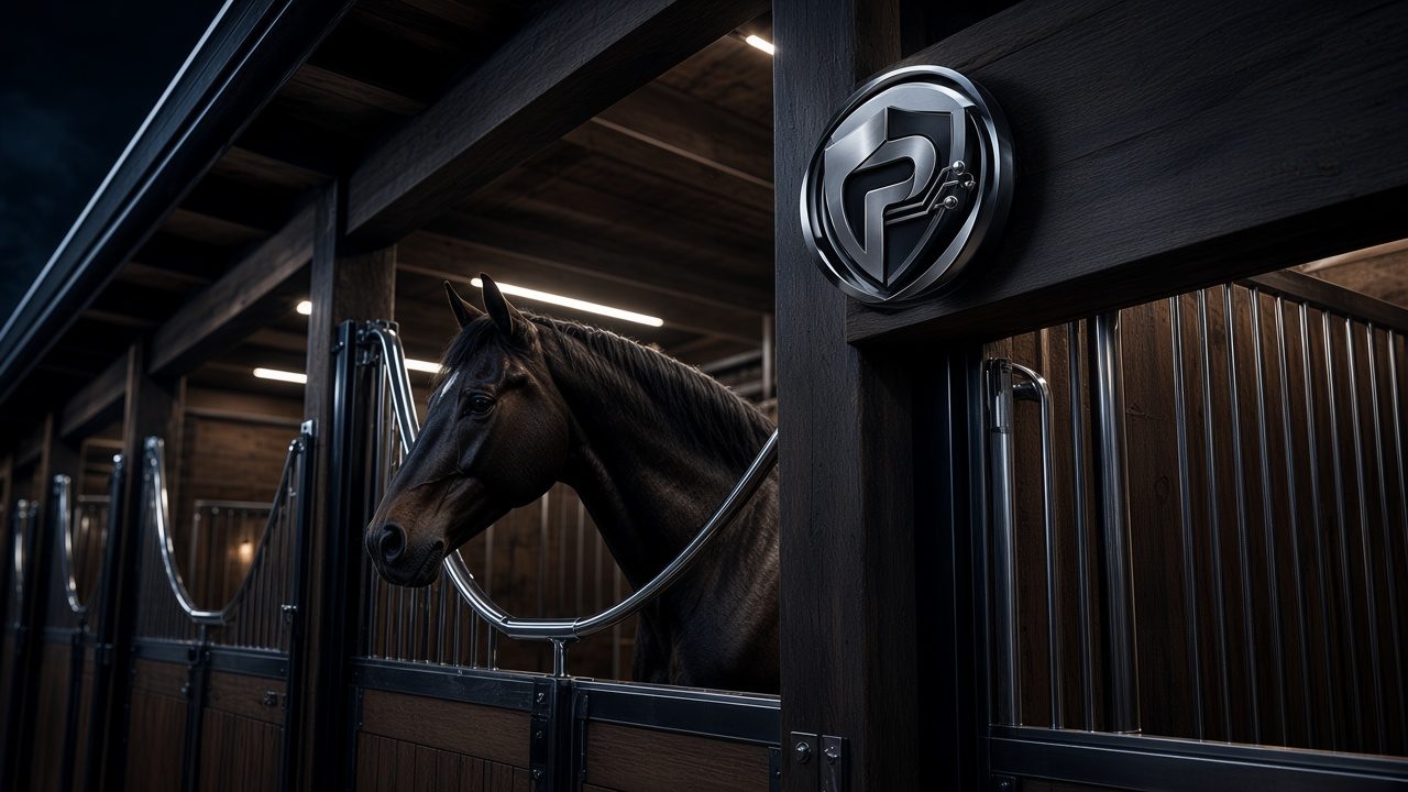 A dark horse in a modern stable with chrome stall fittings
