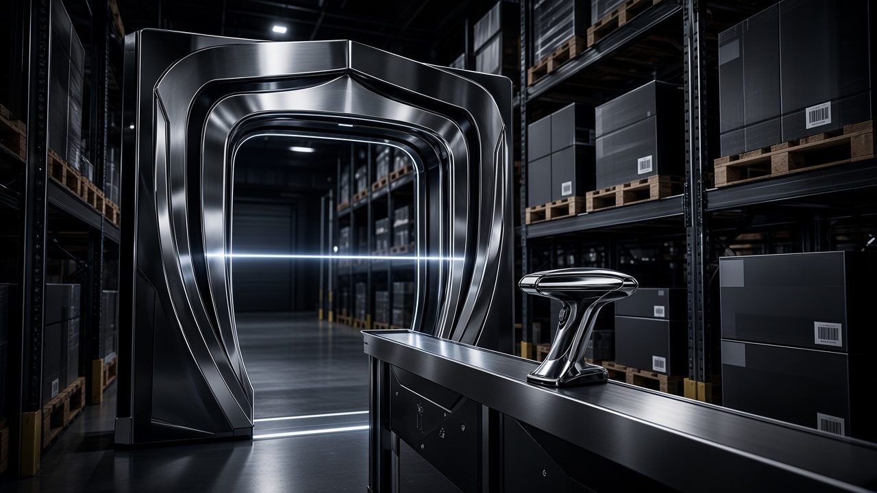 A chrome RFID gate in a dark warehouse aisle